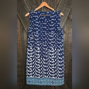 AB Studio Sleeveless Navy and White Patterned Shift Dress with Embroidered Hem M